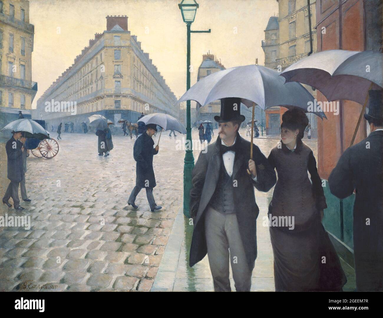 Titolo: Paris Street, Rainy Day Creator: Gustave Caillebotte Date: 1877 Medium: Oil on canvas Dimension: 212.2×276.2 cms Location: The Art Institute of Chicago, il, USA Foto Stock