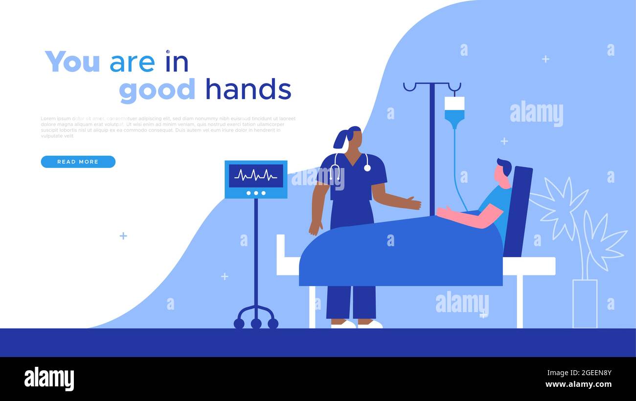 Illustrazione del modello web del paziente dell'ospedale per il concetto di assicurazione sanitaria o di assistenza medica. Donna dottore con carattere maschile sdraiato nel letto di clinica e copia Illustrazione Vettoriale