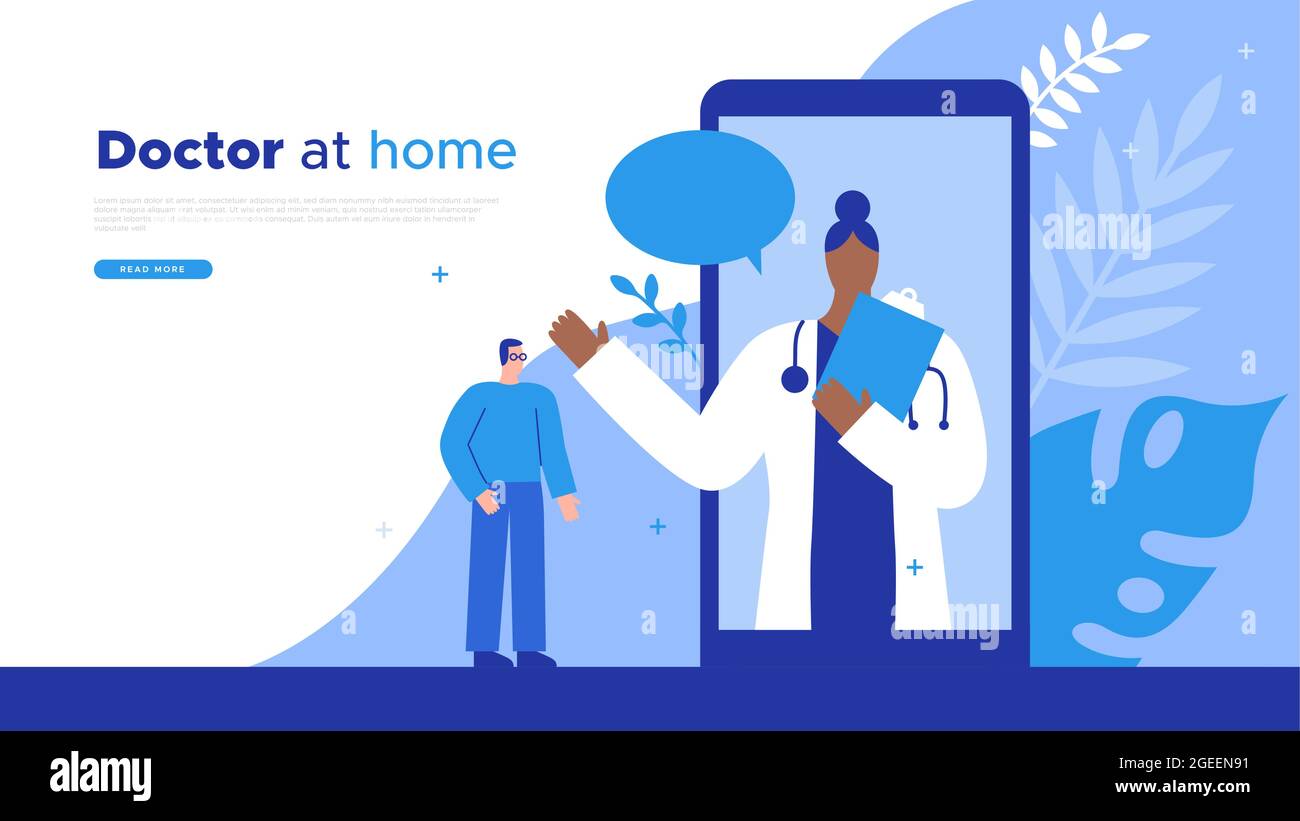 Applicazione medico telefono consultazione modello web illustrazione per il concetto di assistenza medica a casa. Donna medica in videochiamata con paziente di carattere maschile e co Illustrazione Vettoriale