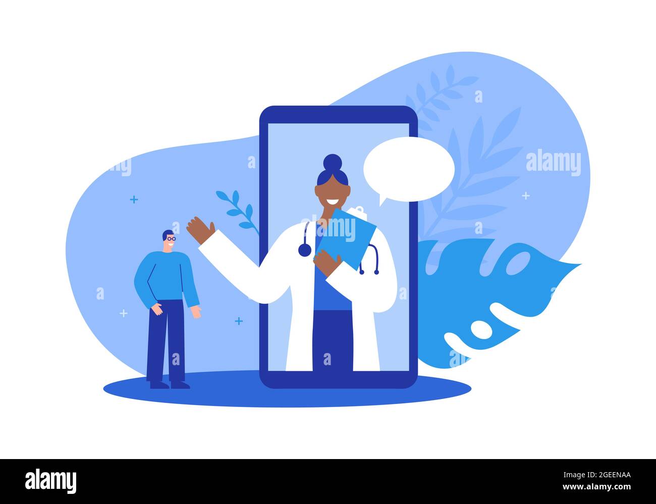 Concetto di illustrazione di consultazione dell'app del telefono medico. Medico donna sullo schermo dello smartphone che effettua una videochiamata per un appuntamento o una visita a casa con un paziente uomo su IS Illustrazione Vettoriale