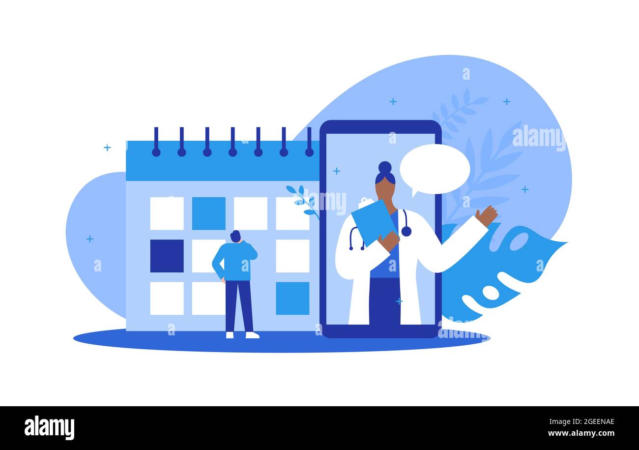 Medico telefono calendario consultazione concetto di illustrazione. Medico donna sullo schermo dello smartphone che effettua una videochiamata per un appuntamento o una visita a casa con un paziente Illustrazione Vettoriale