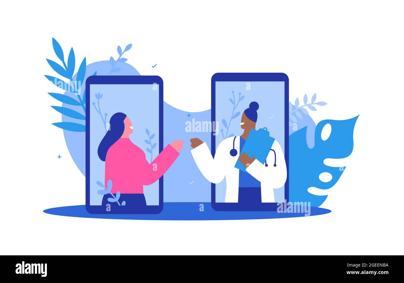 Concetto di illustrazione di consultazione dell'app del telefono medico. Donna medic nello schermo dello smartphone facendo il movimento del pugno con paziente felice sulla parte posteriore bianca isolata Illustrazione Vettoriale