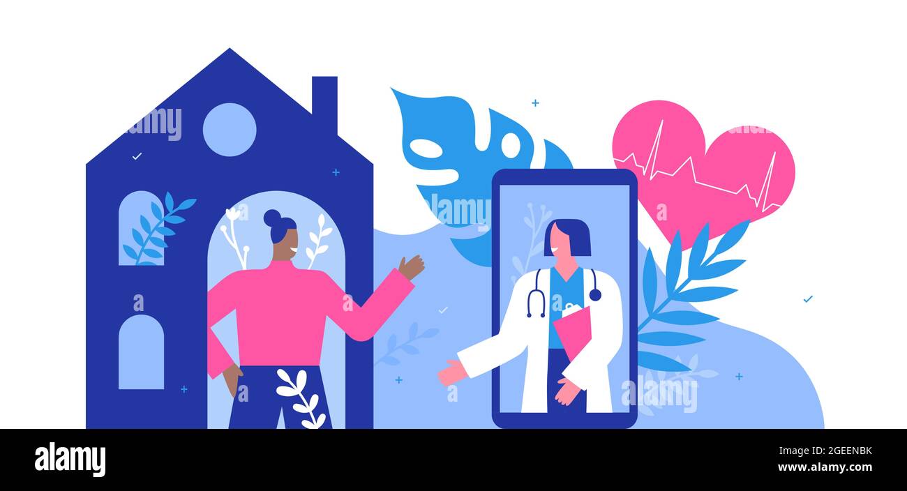 Concetto di illustrazione di consultazione dell'app del telefono medico. Donna medica sullo schermo dello smartphone videochiamata appuntamento a casa Visita con paziente felice su iso Illustrazione Vettoriale