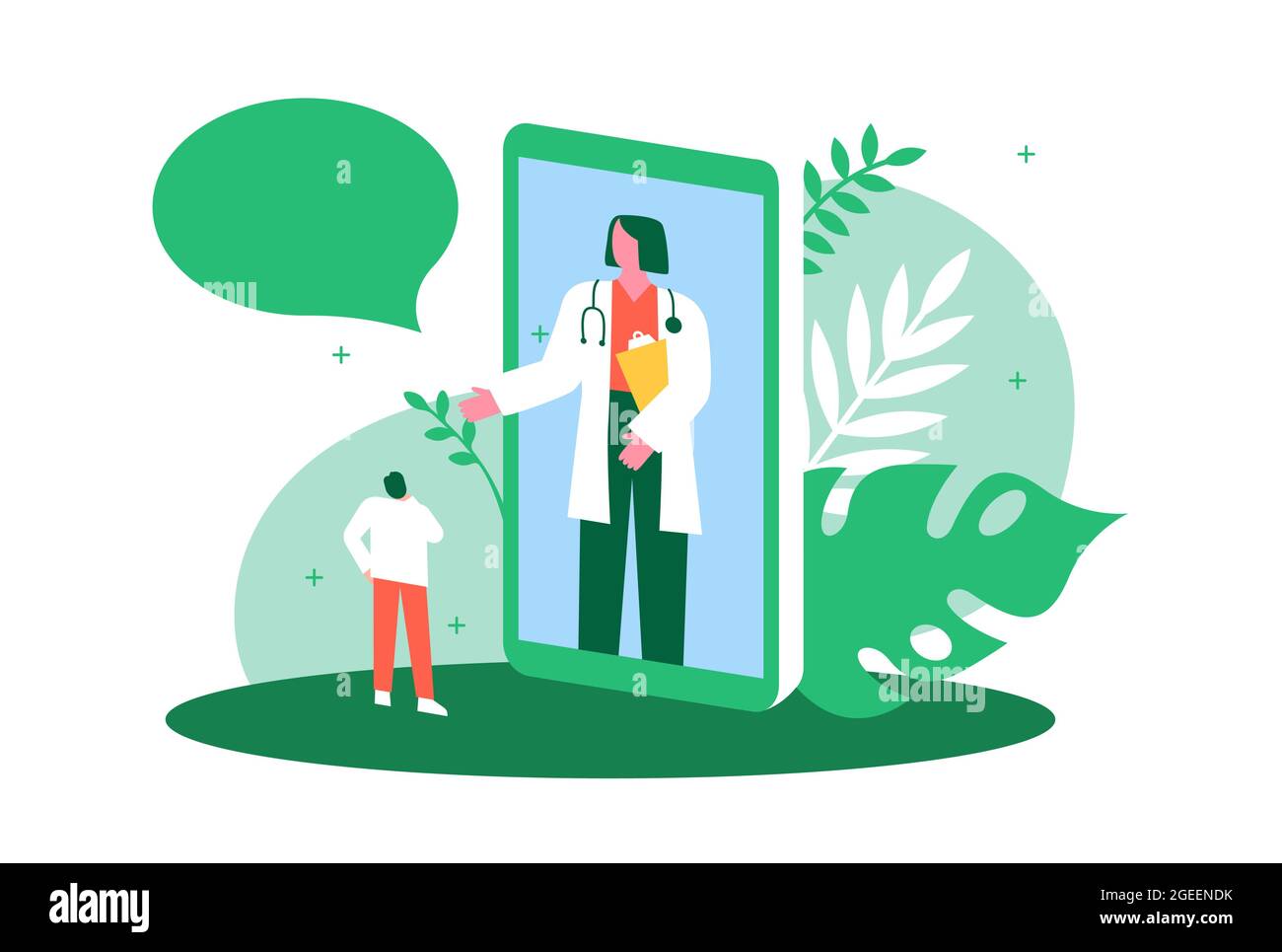 Concetto di illustrazione di consultazione dell'app del telefono medico. Medico donna sullo schermo dello smartphone che effettua una videochiamata per un appuntamento o una visita a casa con un paziente uomo su IS Illustrazione Vettoriale