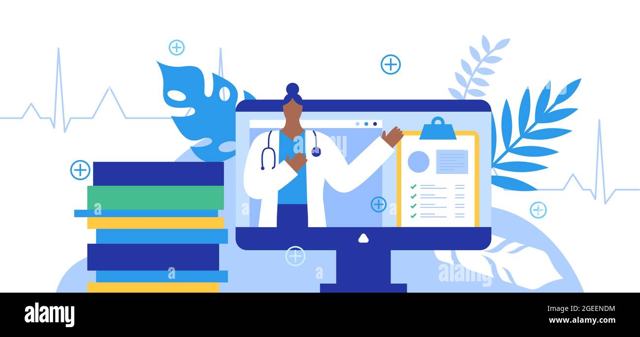 Concetto di illustrazione della consultazione della videochiamata del medico. Donna medica in computer schermo facendo appuntamento remoto o medicina studente di apprendimento scena con b Illustrazione Vettoriale