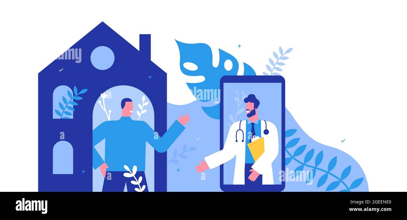 Concetto di illustrazione di consultazione dell'app del telefono medico. Medico maschile nello schermo dello smartphone fare la videochiamata appuntamento a casa visita con paziente felice su isolo Illustrazione Vettoriale