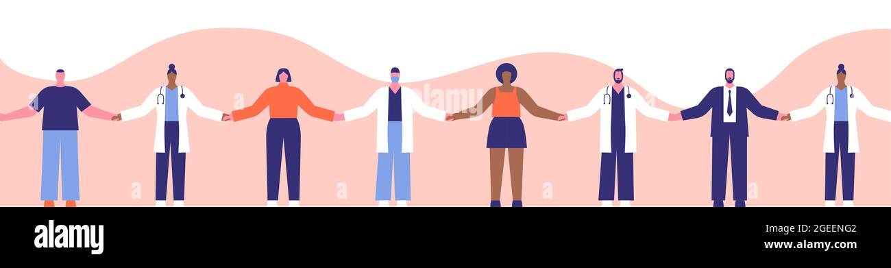 Personale medico ospedaliero diverso che tiene le mani con persone sane per il concetto di medicina o la prevenzione delle malattie su sfondo bianco isolato. Illustrazione Vettoriale