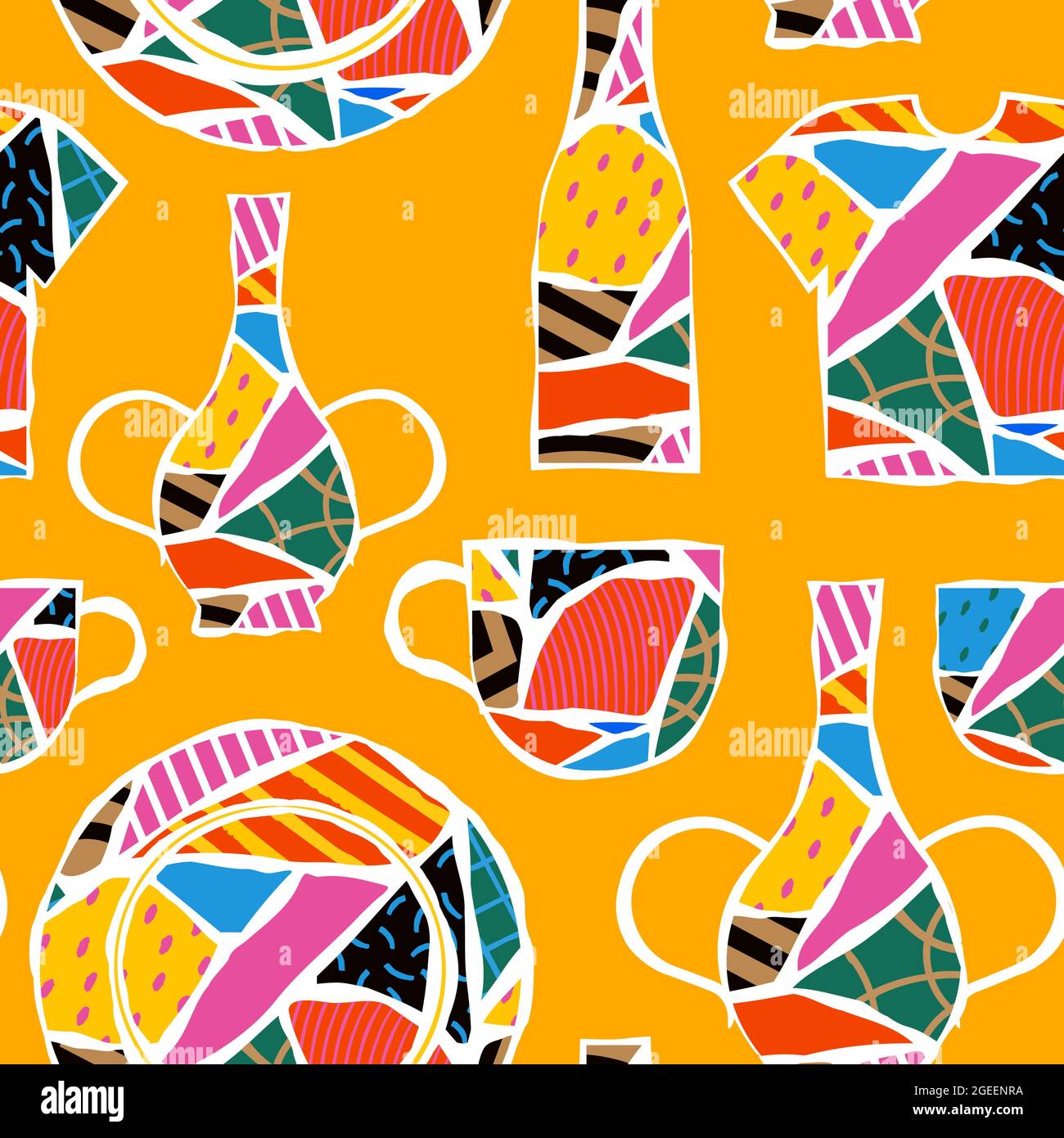 Colorato rotto decorazione di oggetto domestico modello senza giunture. Illustrazione di sfondo del concetto di upcycle con oggetti riciclati fai da te. Illustrazione Vettoriale