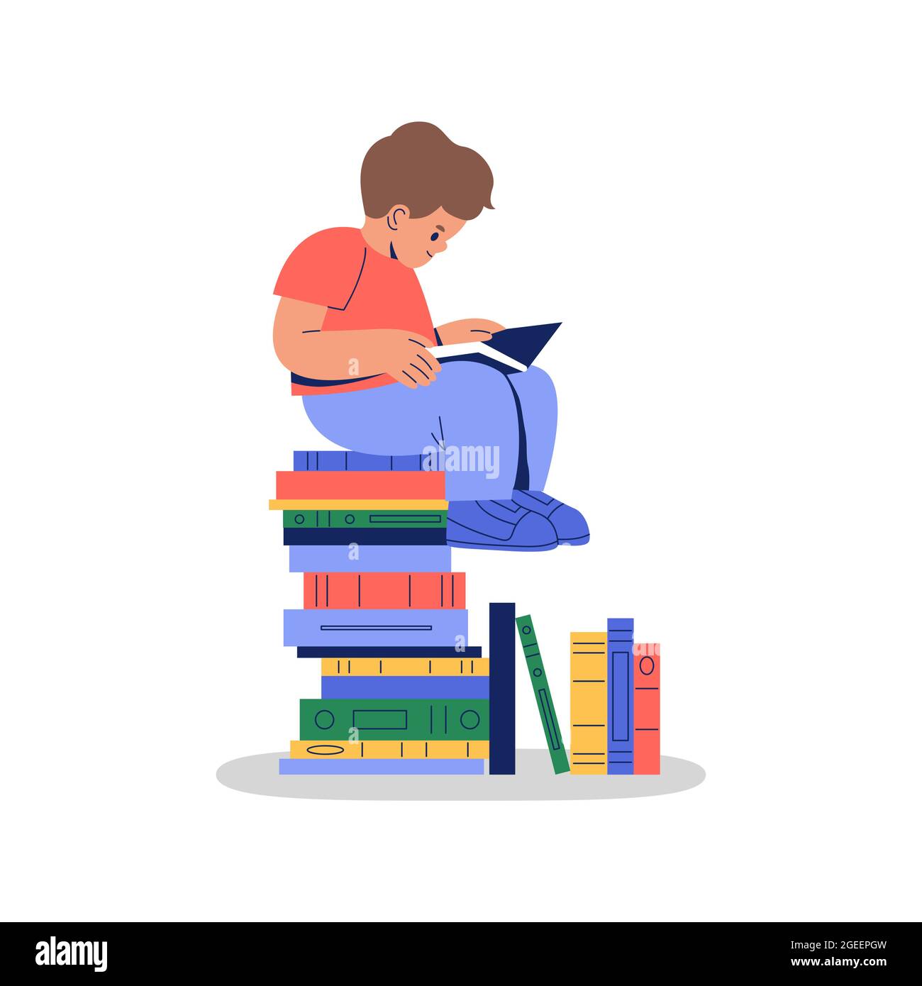 Bambino giovane che legge molti libri su sfondo bianco isolato. Illustrazione moderna del cartone animato piatto per il concetto di lavoro della scuola o capretto divertente del bookworm de Illustrazione Vettoriale