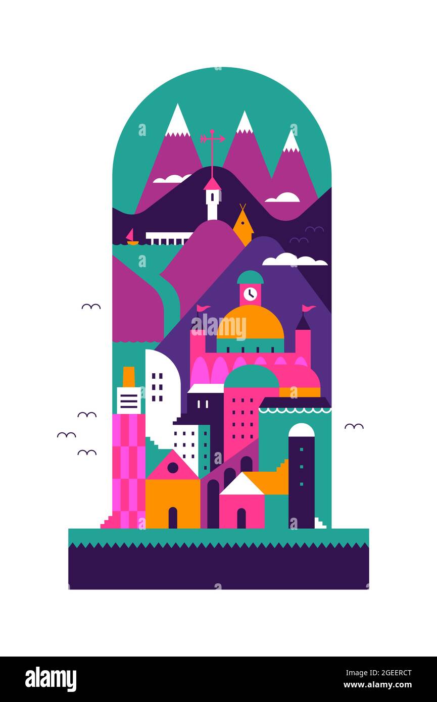 Illustrazione del paesaggio urbano. Appartamento retro colorato stile scandinavo urbano skyline edificio e natura foresta montagna per creativo pianeta viaggio conce Illustrazione Vettoriale