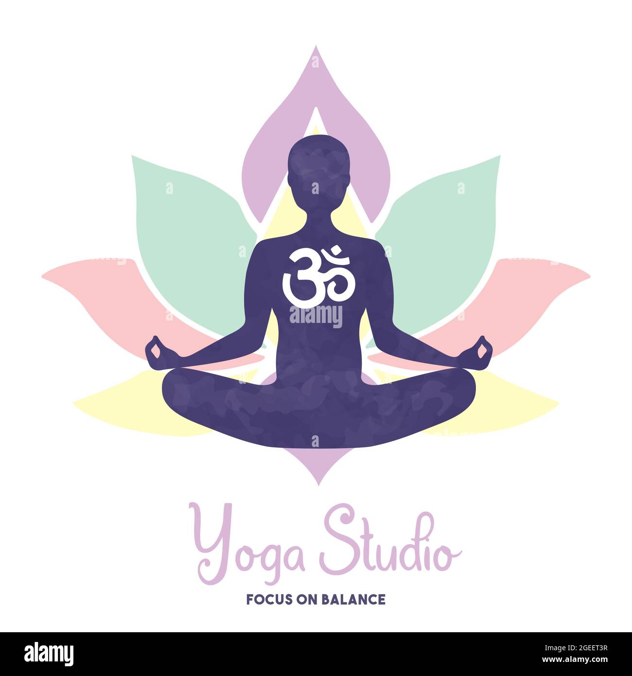 Yoga studio illustrazione concetto di silhouette corpo donna facendo meditazione posa con fiore di loto e cultura indiana om simbolo. Illustrazione Vettoriale