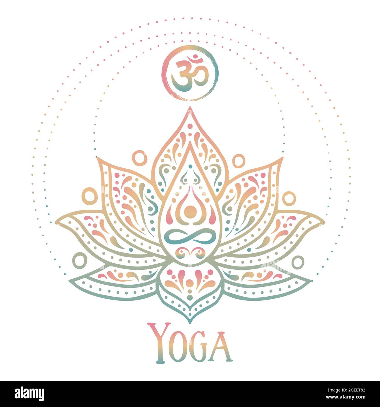 Yoga meditazione illustrazione concetto di stile tradizionale indiano decorazione fiore di loto con simbolo om su sfondo isolato. Illustrazione Vettoriale