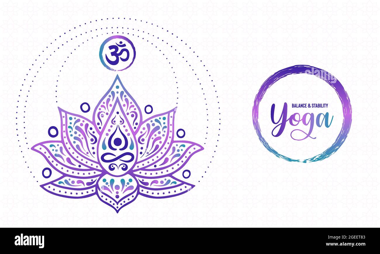 Yoga meditazione illustrazione concetto di stile tradizionale indiano decorazione fiore di loto con simbolo om su sfondo isolato. Illustrazione Vettoriale