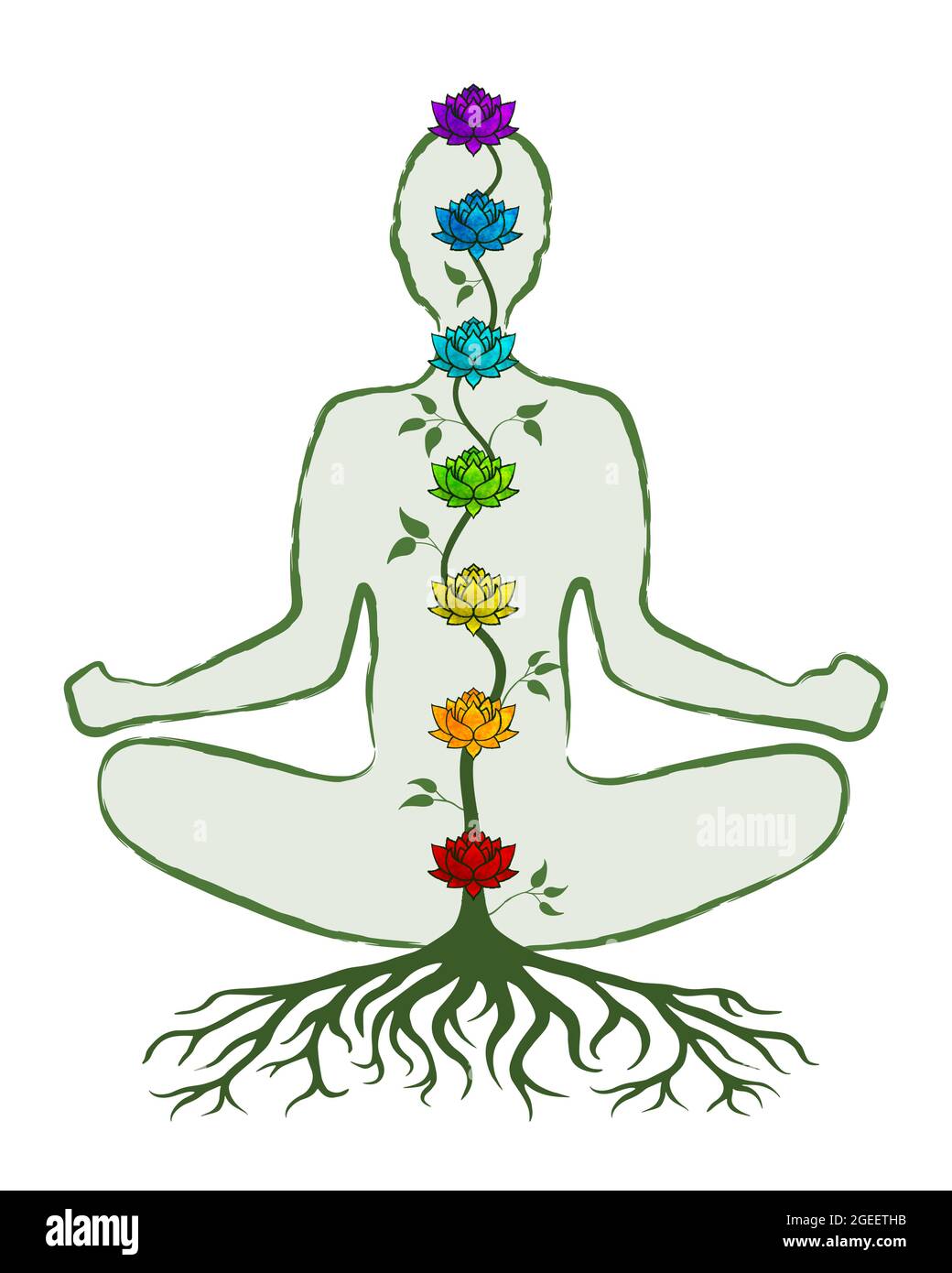 Set colorato chakra con fiori di loto e silhouette del corpo che fanno yoga posa, sano stile di vita concetto. Illustrazione Vettoriale