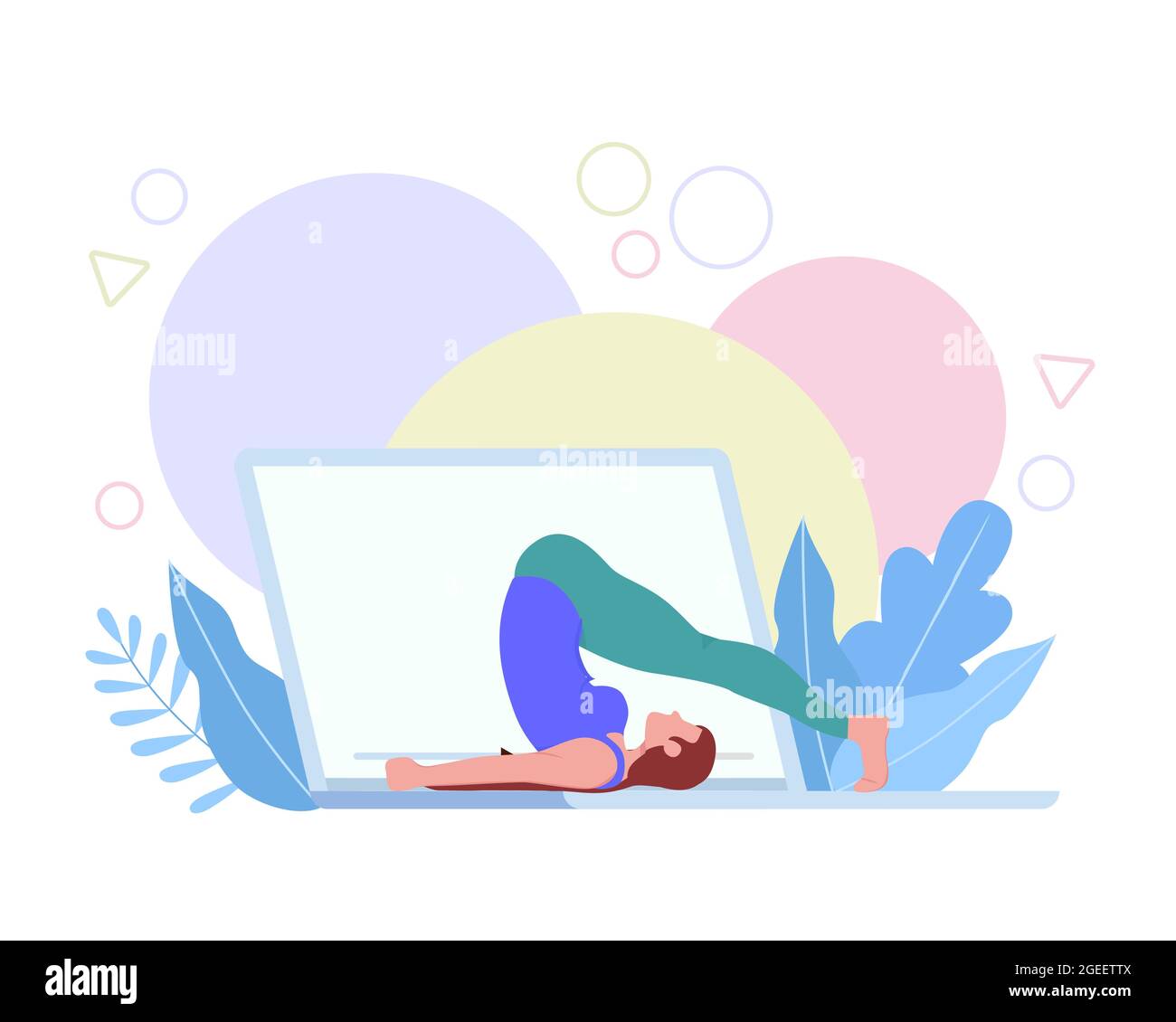Giovane donna che fa yoga posa a casa su un computer virtuale remoto classe. Stile di vita di quarantena o concetto di esercizio di salute. Illustrazione Vettoriale