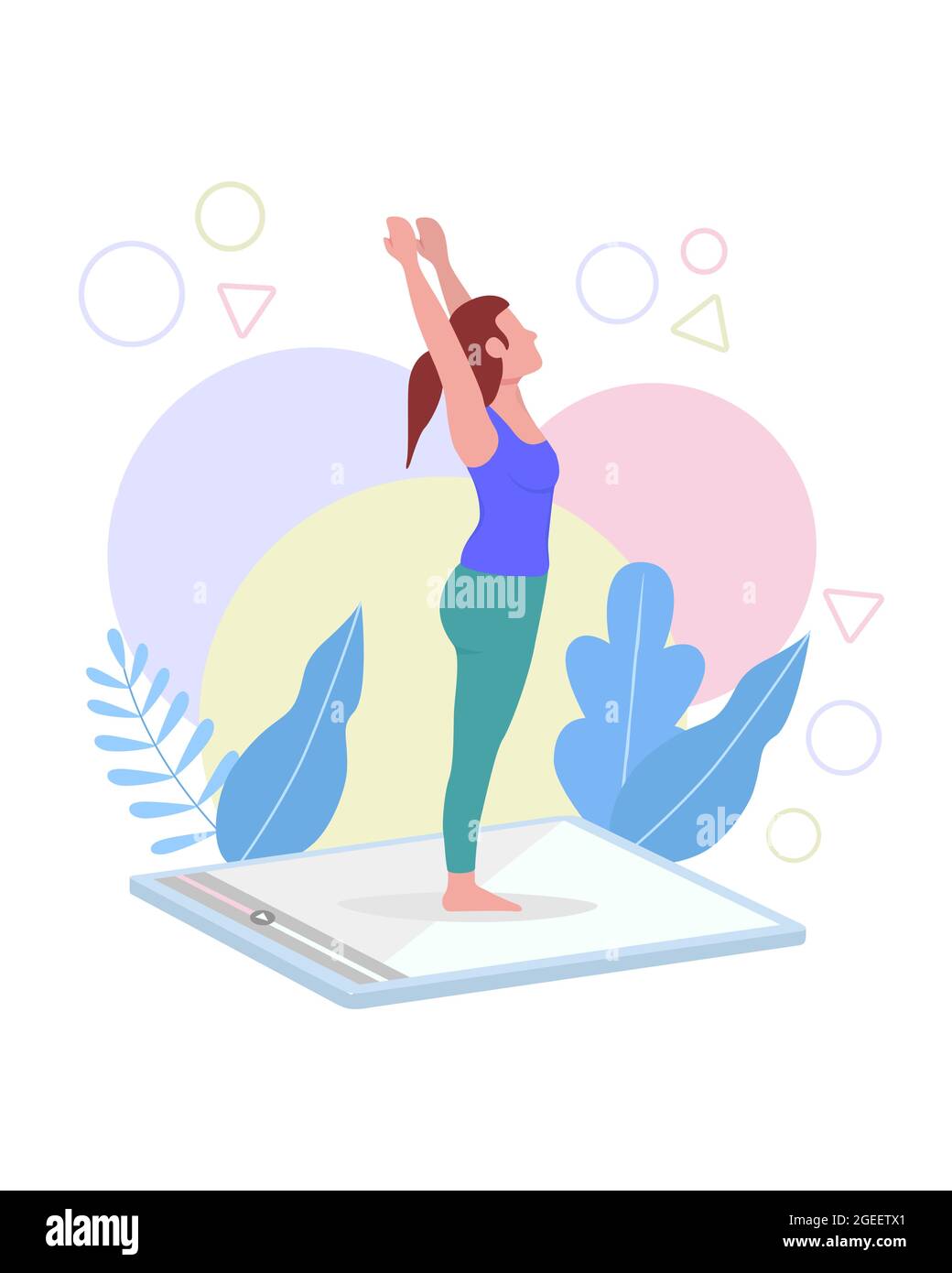 Giovane donna che fa yoga posa a casa su un tablet virtuale remoto classe. Stile di vita di quarantena o concetto di esercizio di salute. Illustrazione Vettoriale