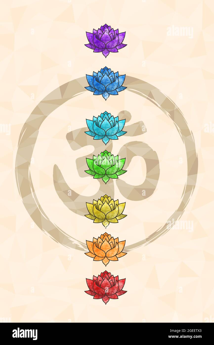 Set di colorata cultura indiana fiore di loto simbolo per la meditazione yoga stile di vita o concetto spirituale con segno om. Illustrazione Vettoriale