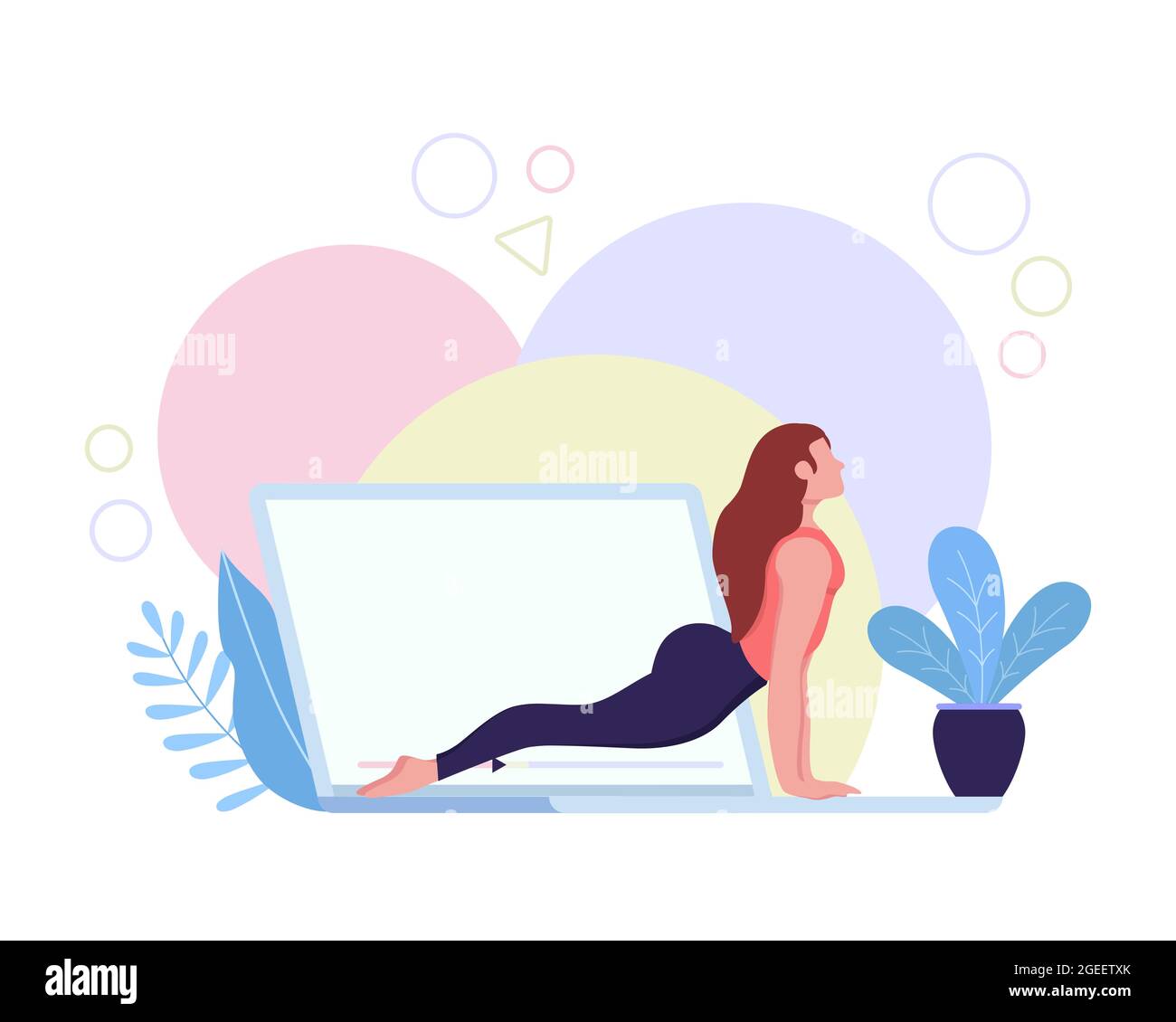 Giovane donna che fa lezioni di yoga virtuale a casa con computer video o distanza gym. Concetto moderno di illustrazione in stile cartoon piano su ba isolata Illustrazione Vettoriale