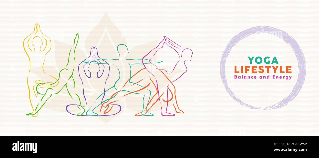 Yoga stile di vita web banner illustrazione di persone esercizio gruppo fare meditazione posa con silhouette colorata. Concetto di salute e mente per spirituale Illustrazione Vettoriale