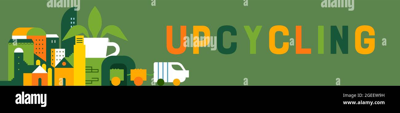 Upcycling banner web illustrazione di eco-friendly città verde con up-ciclo decorazione fai da te. Design moderno geometrico piatto cartoni animati, ambiente cura conc Illustrazione Vettoriale