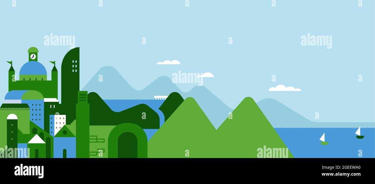 Paesaggio verde della città con vista sulle montagne, sul fiume e sul cielo blu. Moderno cartoon geometrico piatto di tranquilla città eco-friendly, include spazio di copia. Illustrazione Vettoriale