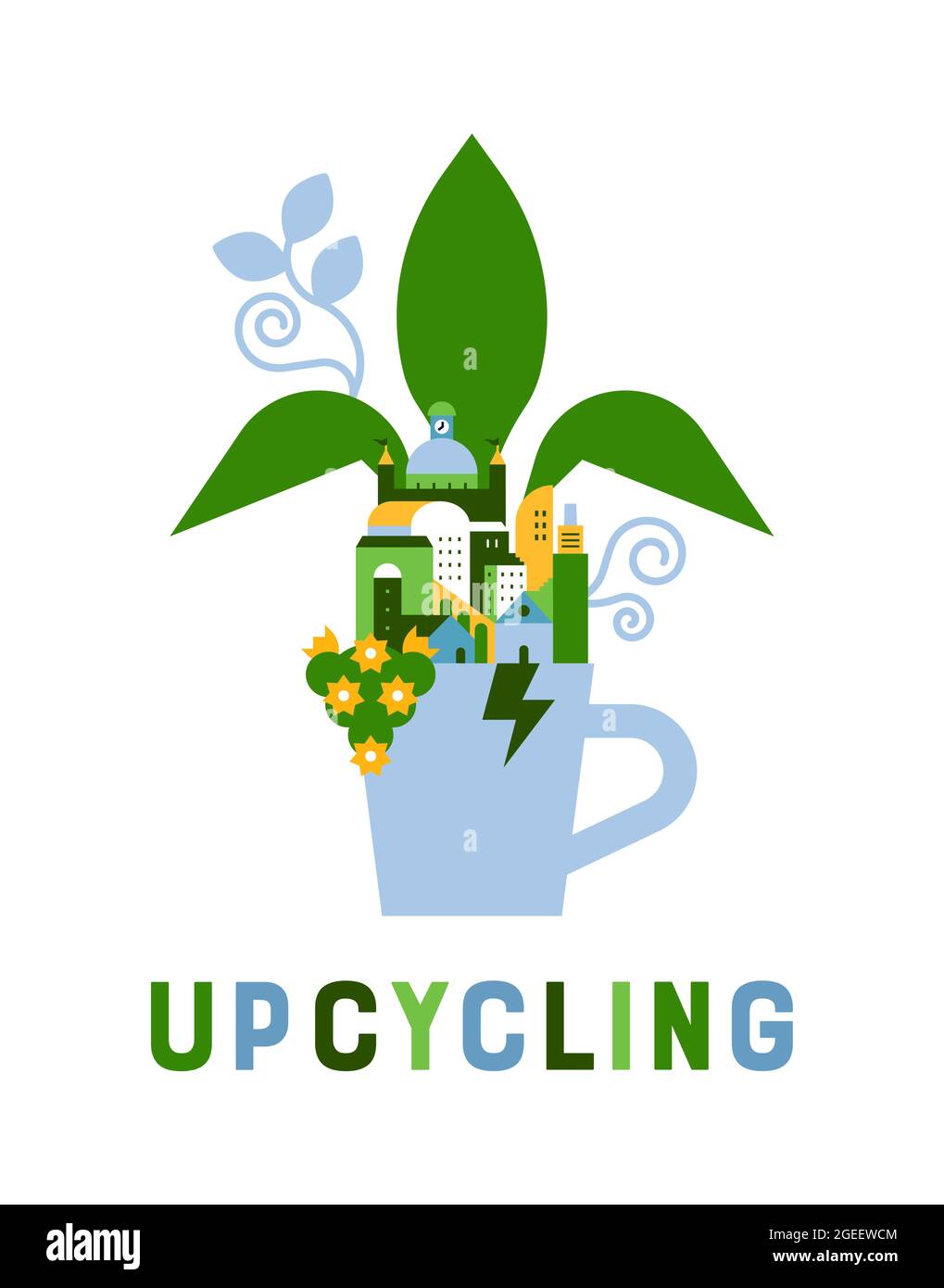 Upcycling illustrazione della tazza rotta riporita con la città verde che cresce all'interno. Eco-friendly upcycle concept in stile cartoon geometrico piatto su isolat Illustrazione Vettoriale