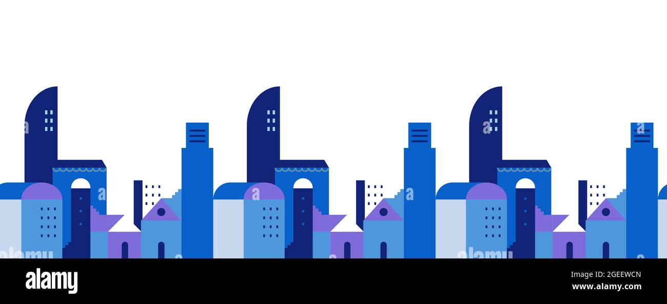 Moderno ufficio urbano di affari città skyline senza soluzione di continuità illustrazione modello su isolato sfondo bianco. Disegno geometrico piatto di grattacielo towe Illustrazione Vettoriale
