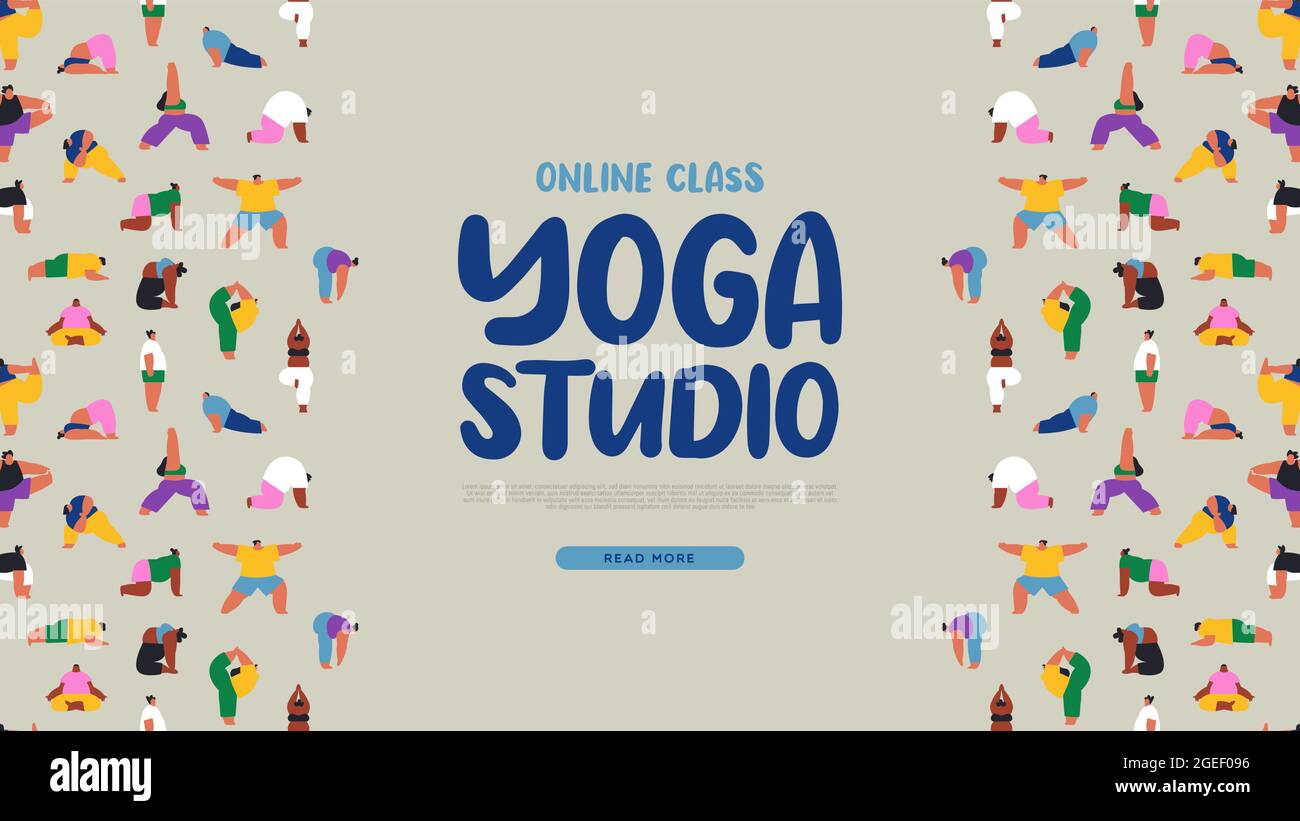 Illustrazione del modello web dello studio di yoga per il concetto di classe virtuale online della palestra. La folla varia dei giovani che fa le pose di esercitazione, la pagina di idoneità del Internet bac Illustrazione Vettoriale