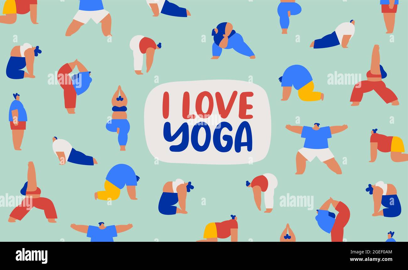Amo l'illustrazione di yoga per stile di vita sano o concetto di attività di svago. Gruppo di giovani diversi facendo l'esercizio pone, divertente fitness folla backg Illustrazione Vettoriale