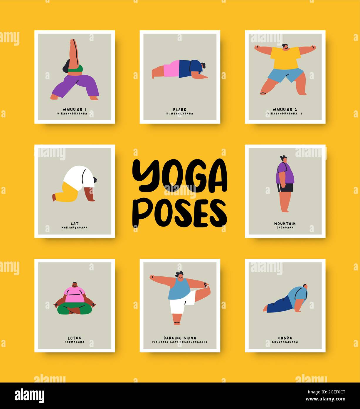 Set di diversi lista di posa yoga con nomi e simpatici cartoon giovani. Personaggi diversi che fanno esercizio di fitness sano. Include guerriero, gatto, l Illustrazione Vettoriale