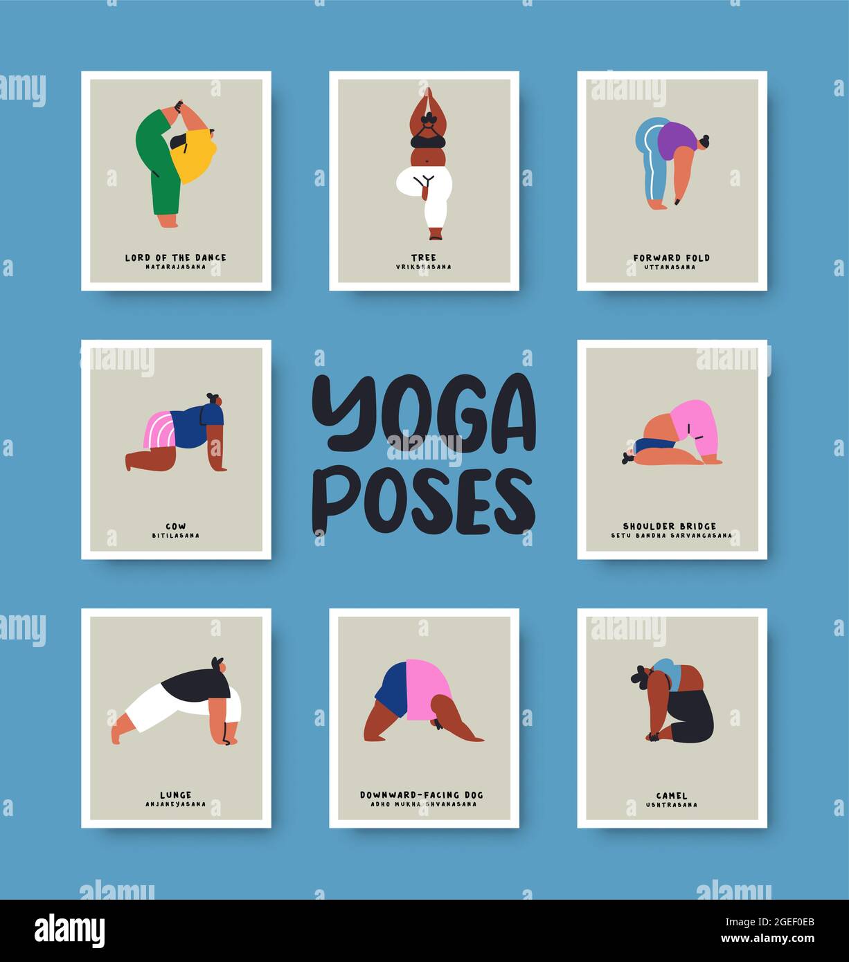 Set di diversi lista di posa yoga con nomi e simpatici cartoon giovani. Personaggi diversi che fanno esercizio di fitness sano. Include albero, mucca, venuto Illustrazione Vettoriale