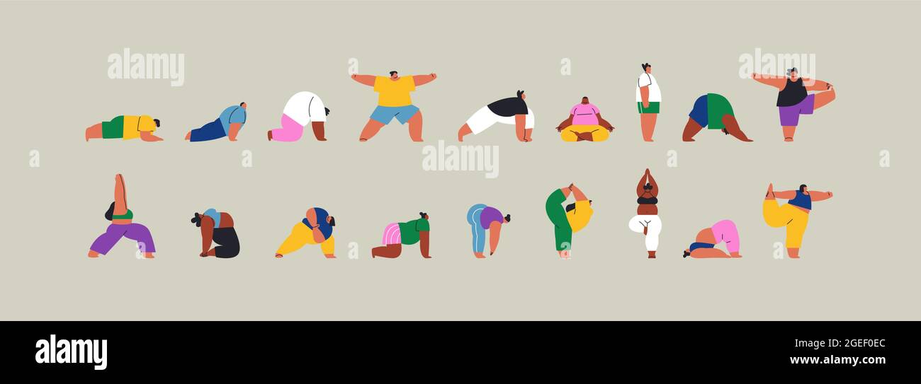 Diversi giovani che fanno diversi esercizi di yoga pone set. Divertente collezione di personaggi su sfondo isolato. Lezione di ginnastica, concetto di stile di vita attivo. Illustrazione Vettoriale