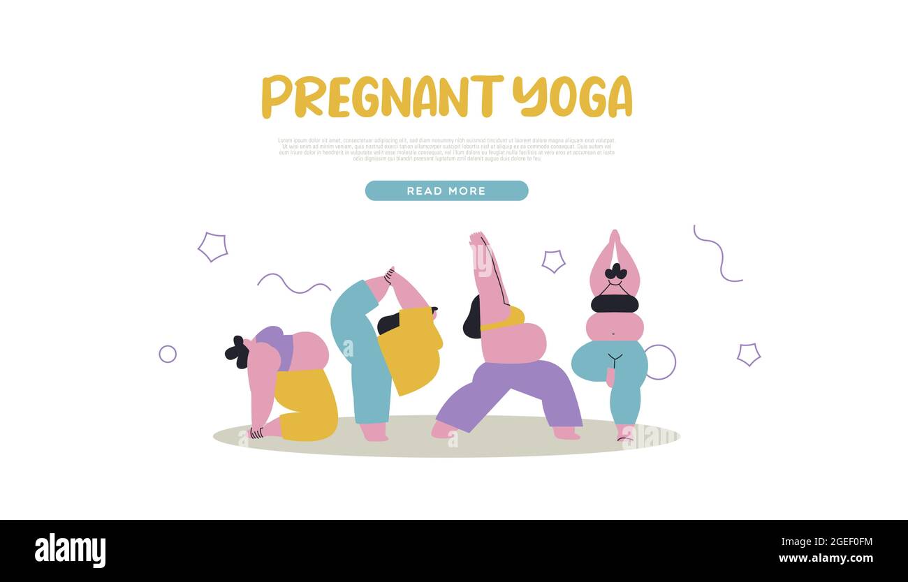 Gravidanza yoga web template illustrazione di giovane mamma team con gravidanza pancia facendo meditazione esercizio posa. Attività fisica madre sana o pre Illustrazione Vettoriale