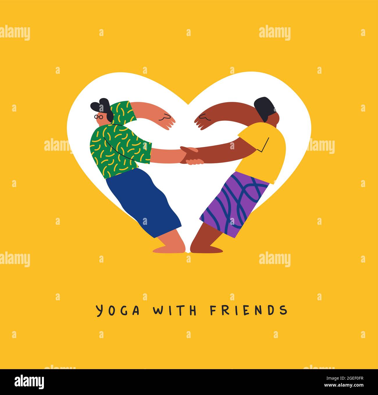 Yoga con amici illustrazione di giovani uomini squadra amico facendo esercizio posa in forma di cuore. Divertente disegno di cartone animato piatto per amore di amicizia o fitness p Illustrazione Vettoriale