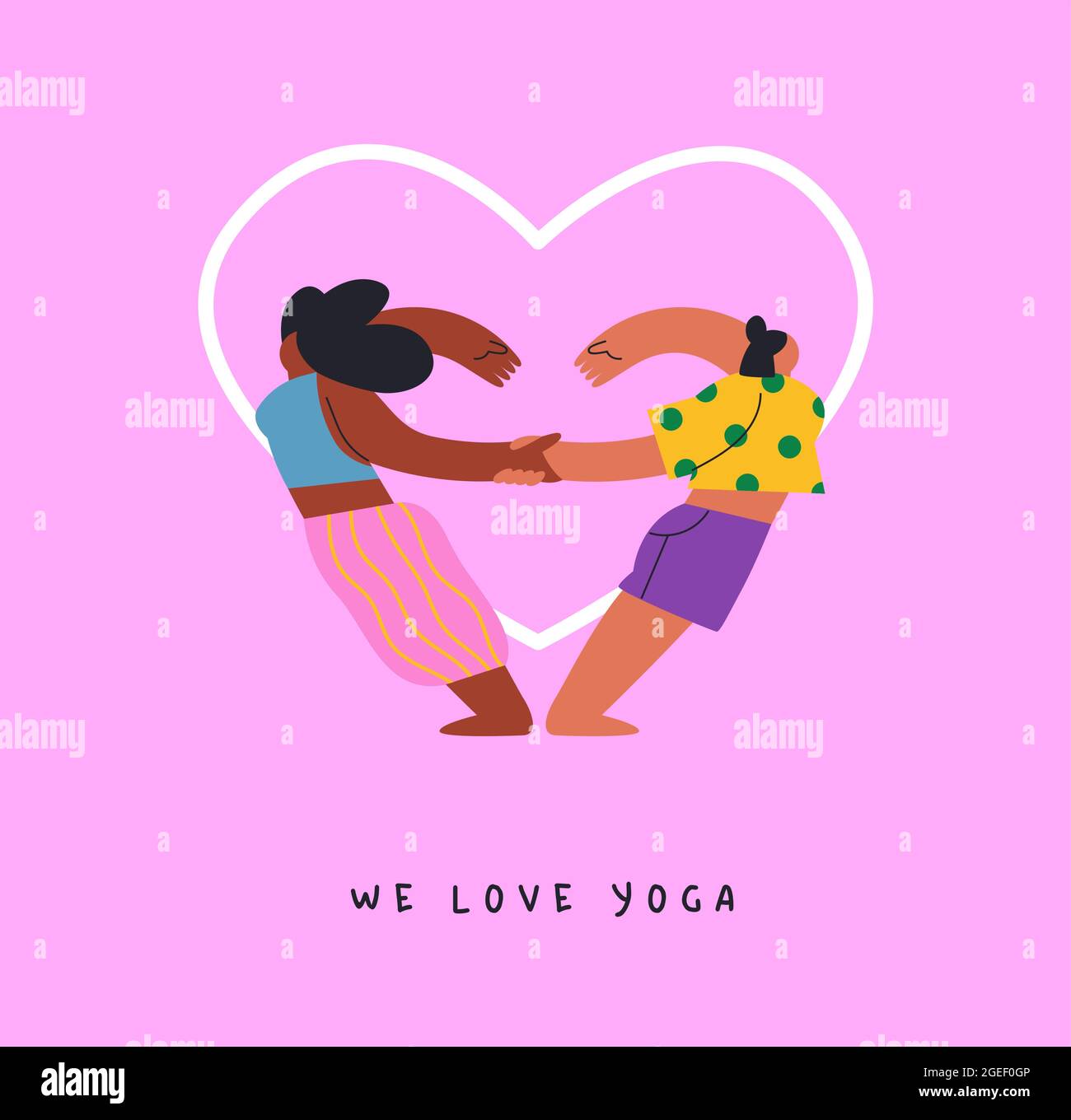 Yoga con amici illustrazione di due giovani donne amico squadra facendo esercizio posa in forma di cuore. Divertente disegno di cartone animato piatto per l'amore o la misura di amicizia Illustrazione Vettoriale