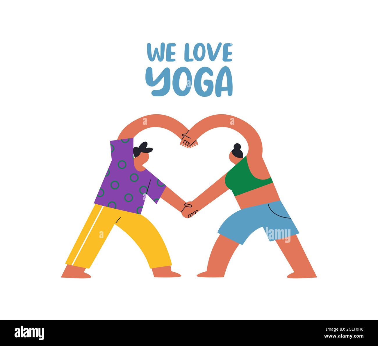 Amiamo l'illustrazione di yoga della giovane coppia che fa la posa di esercitazione nella figura del cuore. Divertente disegno di cartoni animati piatto per la data romantica della palestra o conce partner fitness Illustrazione Vettoriale