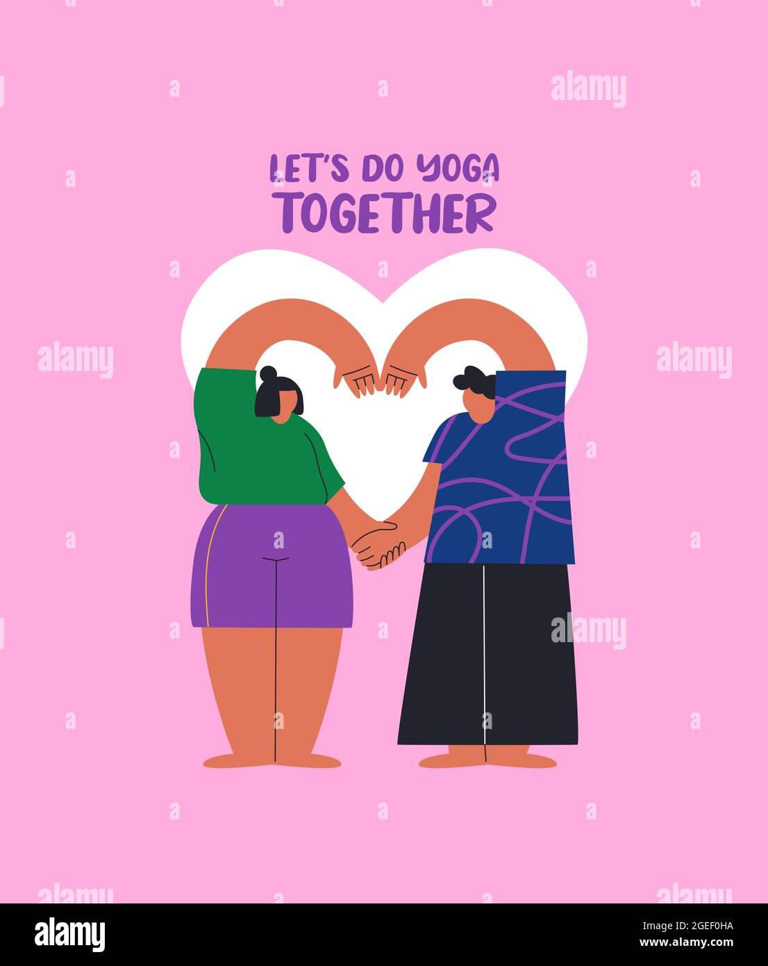 Facciamo yoga insieme tipografia citazione illustrazione poster di giovane coppia in amore facendo forma cuore posa esercizio. Rapporto romantico o fitness Illustrazione Vettoriale