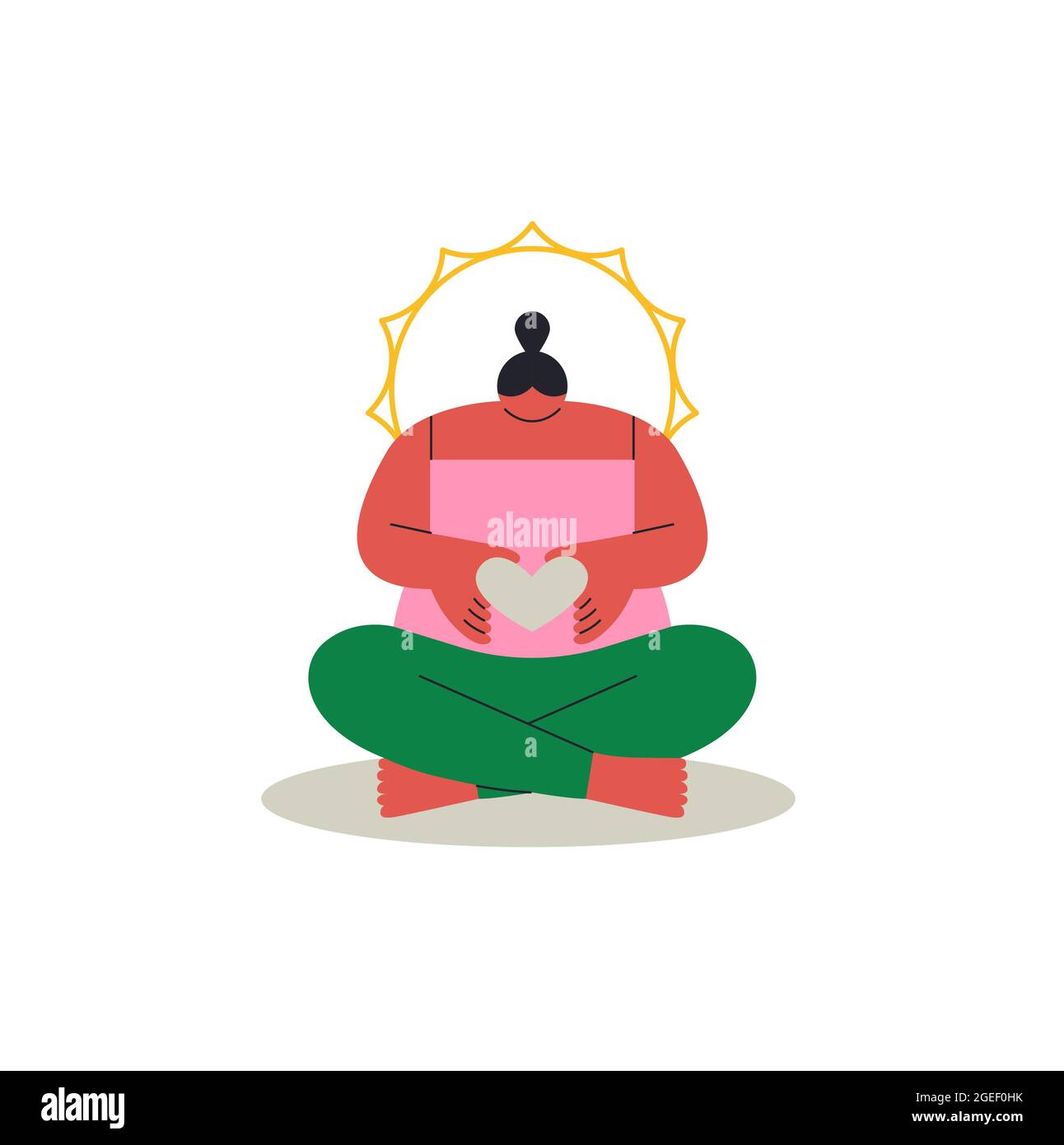 Il personaggio giovane donna che fa meditazione yoga posa con la forma del cuore in moderno stile cartoon piatto. Fitness amore concetto o spirituale chakra connessione il Illustrazione Vettoriale