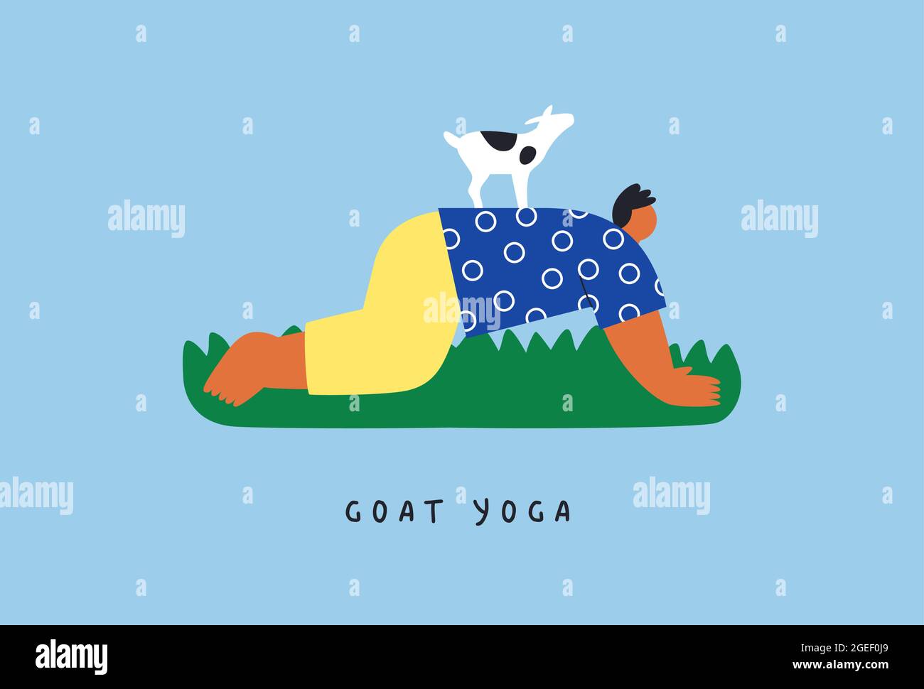 Capra yoga esercizio tendenza illustrazione di carattere divertente giovane uomo con animale fattoria in moderno cartoon piatto. Nuovo concetto di stile fitness sul retro isolato Illustrazione Vettoriale