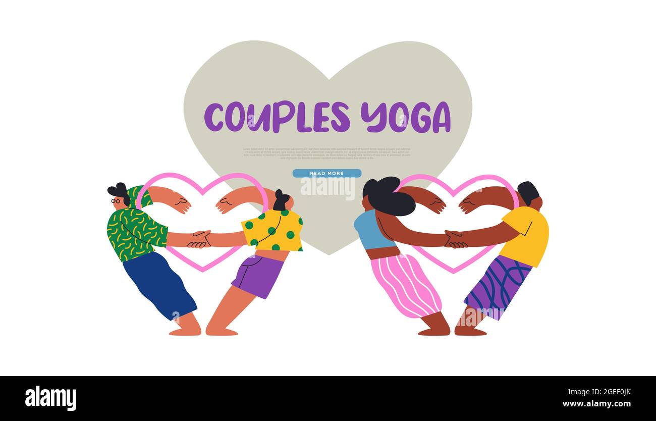 Coppie yoga web modello illustrazione di giovani in amore facendo cuore forma esercizio posa. Romantico corso di attività fisica o evento partner palestra Illustrazione Vettoriale