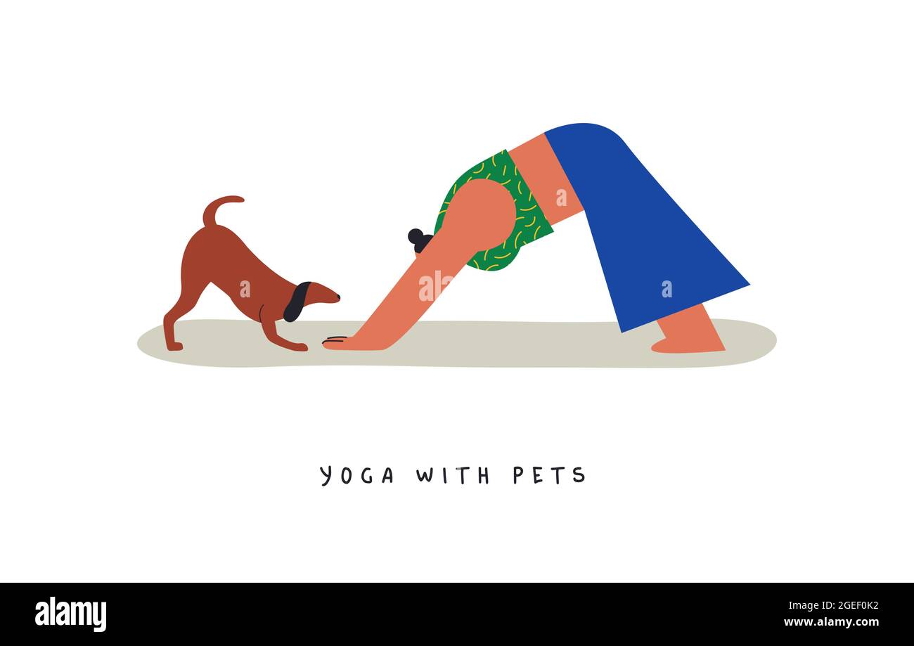 Giovane donna che fa yoga posa a casa con divertente cane animale domestico amico. Moderno concetto di illustrazione in stile cartone animato su sfondo isolato. Illustrazione Vettoriale