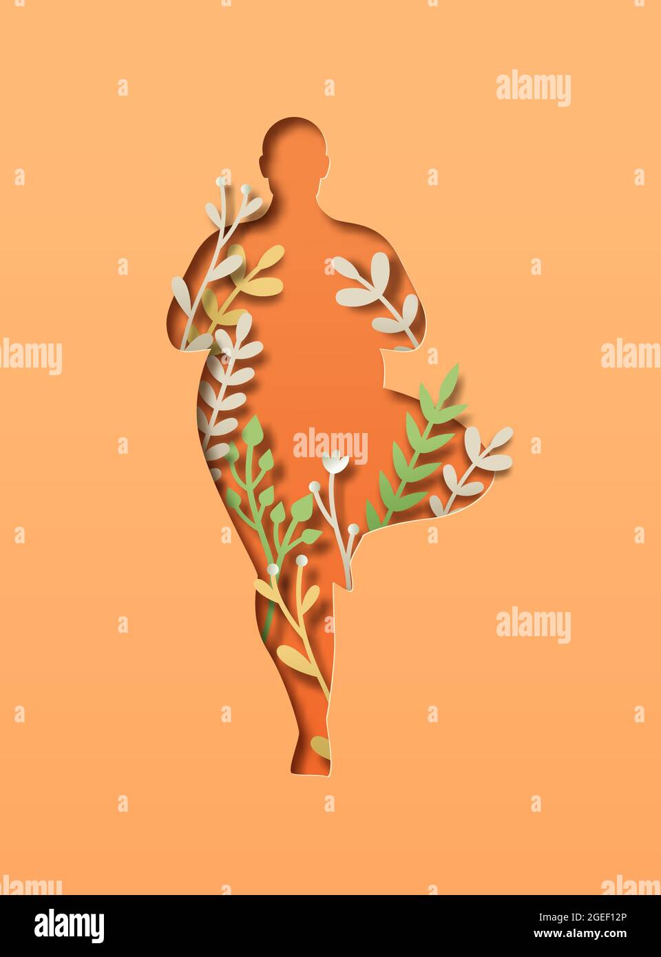 Papercut grasso persone corpo silhouette fare albero yoga posa con 3d carta taglio foglia decorazione pianta. Concetto di sovrappeso per un viaggio naturale di perdita di peso. Illustrazione Vettoriale