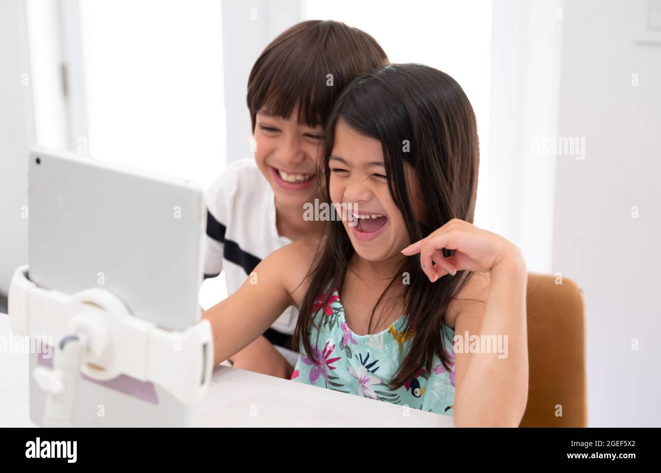 due fratelli biracali ridono durante la scuola virtuale online a casa Foto Stock