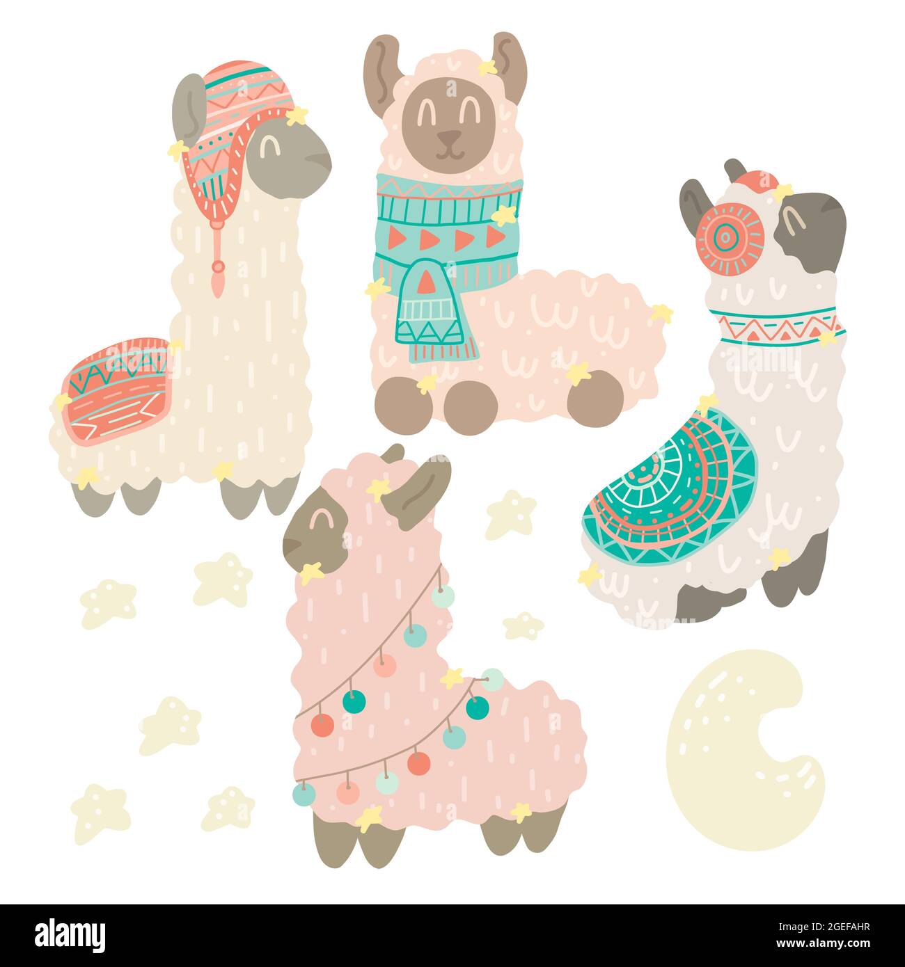 Set di simpatici lama piatta disegnata a mano in cappelli e sciarpe con  motivo tribale. Alpaca con stelle e mezzaluna. Illustrazione animalistica  vettoriale delicata Immagine e Vettoriale - Alamy
