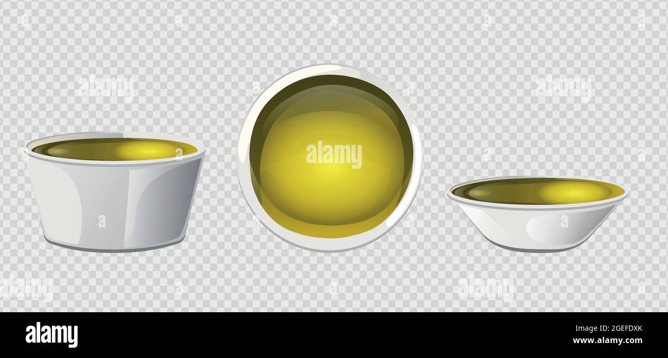 Olio d'oliva giallo in ciotola in stile cartone animato. Illustrazione Vettoriale