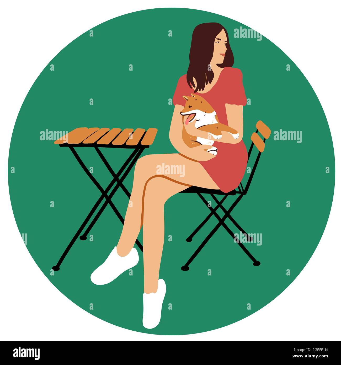 Ragazza giovane carina con shiba inu razza cane sedersi al tavolo in cafe vettore cartoon illustrazione piatta. Un personaggio con un animale domestico. Isolato su sfondo bianco. Illustrazione Vettoriale