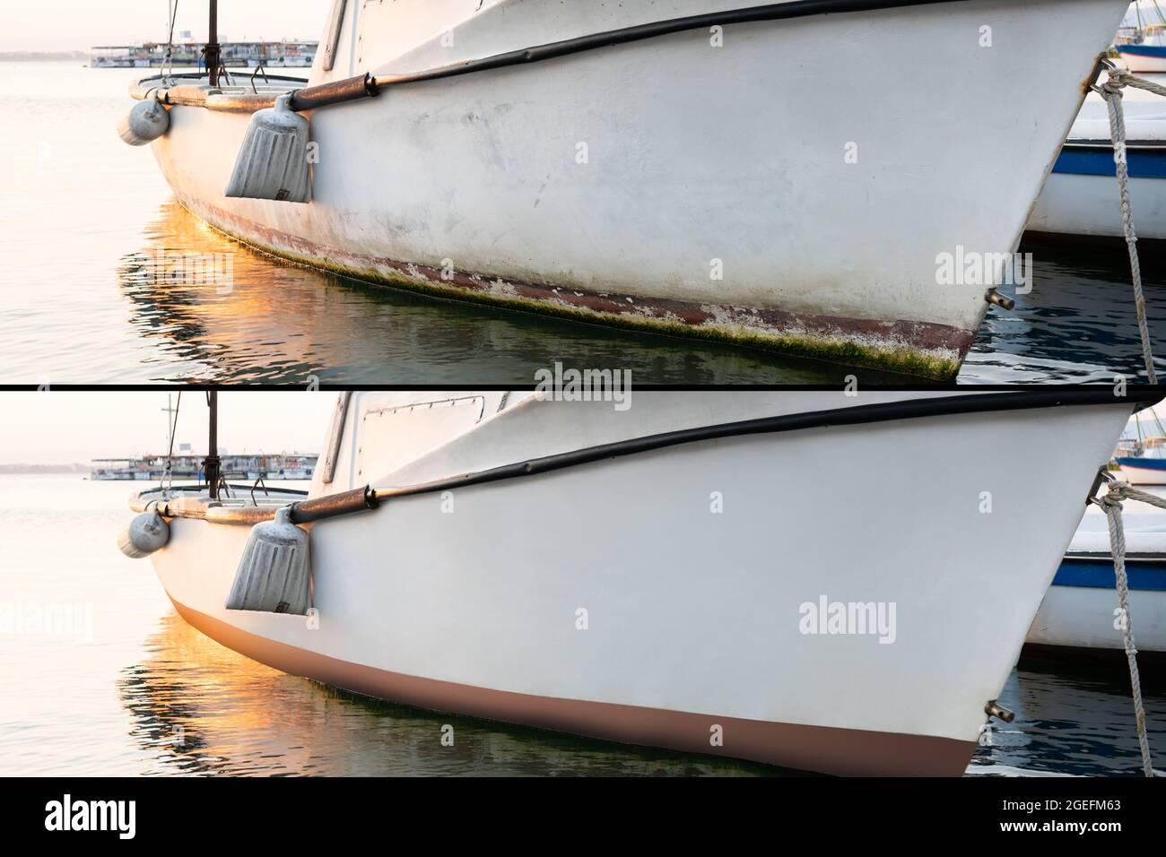 Servizi di verniciatura e riparazione di imbarcazioni e yacht. Prima e dopo Foto Stock