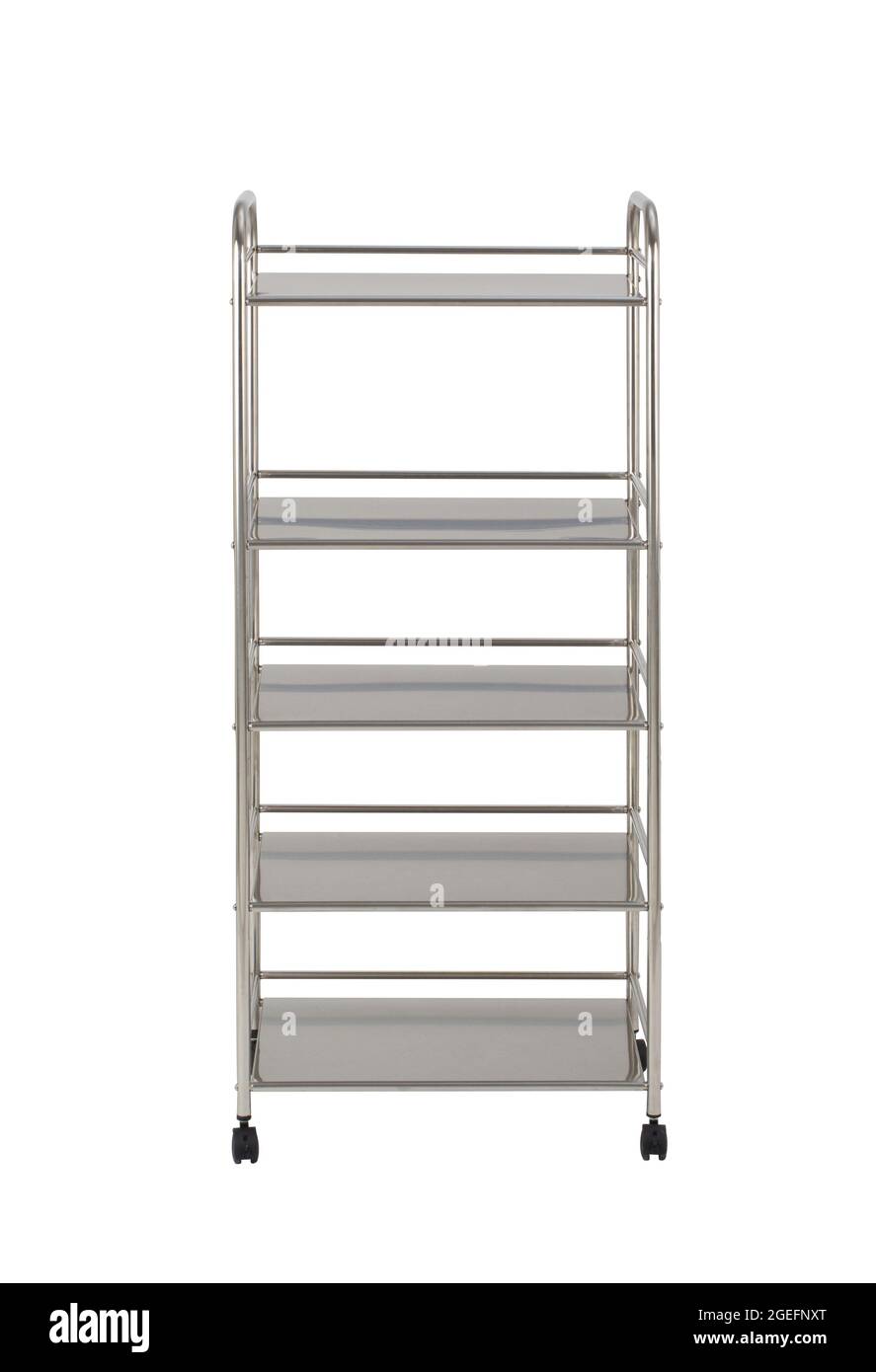 Rack in acciaio inox con ruote isolate su sfondo bianco Foto Stock