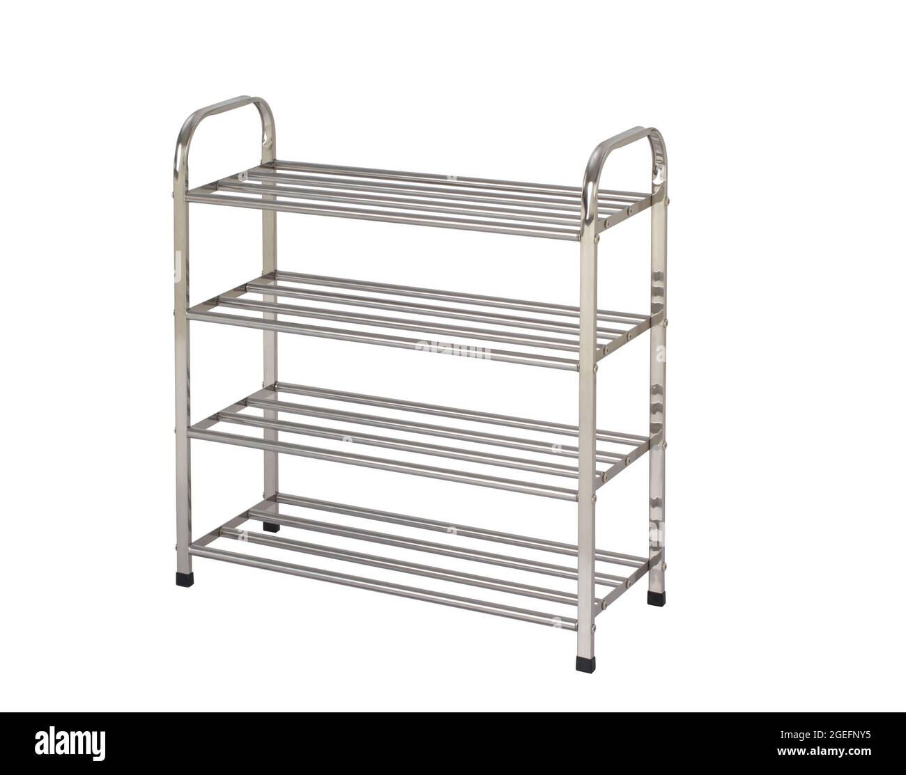 Scaffali vuoti in acciaio inox isolati su fondo bianco Foto Stock