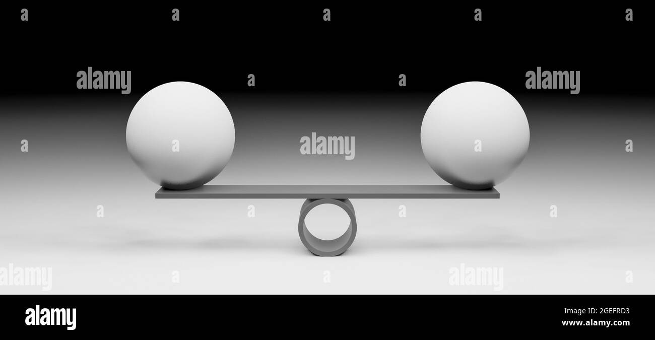 Trovare un concetto di equilibrio, uguaglianza o stabilità con libra, scala, palle o globi in realistiche interni di studio, illustrazione di rendering 3d Foto Stock